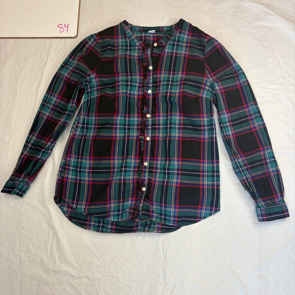 Old Navy Plaid Button Down Shirt Womens Small Long Sleeve Collarless Ruffle Trim